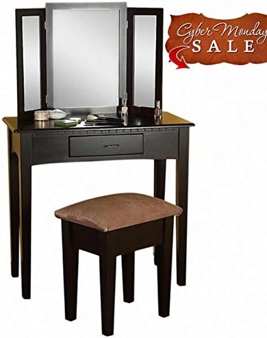 HOMESAVE365 Black Dressing Table With 1 Drawer 3 Rectangle Mirrors Makeup Dresser With Stool