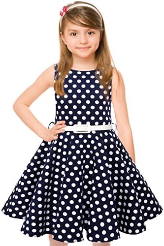 HBBMagic Vintage Girls Cotton Dresses With Belt 1950’s Sleeveless Round Neck Polka Dot Floral Print for Party (Girl's 11-12,Midnight Blue Dot)