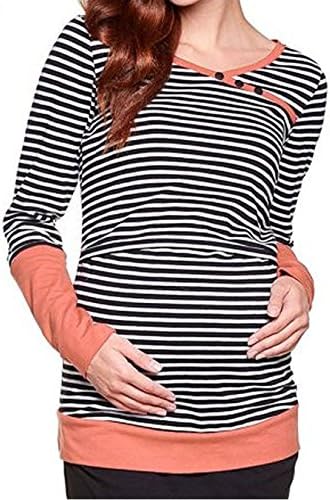 Newday Heaven Women's Long Sleeve Striped Pregnant Nursing Breastfeeding Tops Elastic Cotton Maternity T-Shirt Clothes