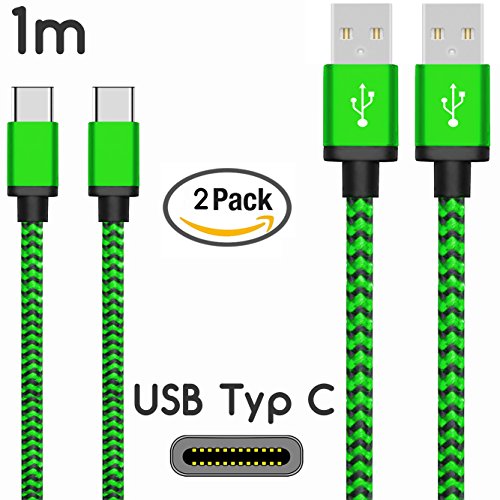 Original COVERLOUNGE - Nylon USB Typ C Kabel [2-Pack] / Datenkabel / Ladekabel [2.1 A] für alle SONY Smartphones mit USB Typ C Anschluss | Farbe: grün | Länge: 1 Meter / 1m