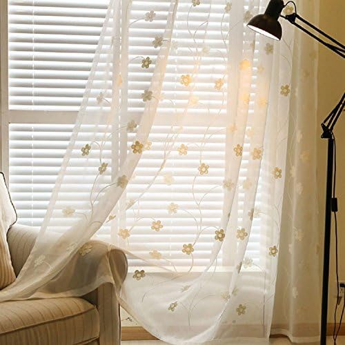 Starsglowing 2Pcs Voile Sheer Curtain Voile Curtain Panels for Livingroom, 55" Wide x 96" Drop (140x245cm), Ring top (Embroidery Beautiful Flower)