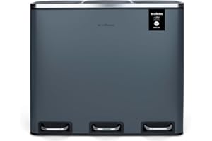 Les Collectors–Poubelle de tri à pédale N°984, Acier inoxydable, Triple compartiment de 18L, Sac compatible 30L, Tri sélectif, Seaux amovibles, Résistante, Pratique, Fermeture silencieuse, Gris Bleuté