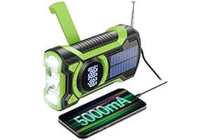 AZURAOKEY Wind Up Solarne radio awaryjne, korba ręczna AM/FM/NOAA radio pogodowe przenośne z powerbankiem 5000 mAh BT 5.3 ładowarka do telefonu latarka LED SOS alarm na kemping namioty turystyczne