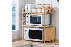 HUOLE Étagère à micro-ondes,Étagères de Cuisine Ajustable Etagere Rangement,en Bambou,avec 4 Crochets Et Support de Planche à Découper-52 * 37 * 65 cm-3 couches