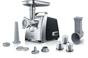 Bosch ProPower MFW68640 Hachoir à viande polyvalent - Jusqu'à 4,3 kilos de viande par minute –Garnisseur de saucisse – 7 accessoires pour râper, émincer et bien plus encore - Puissance de 2200 W, Noir
