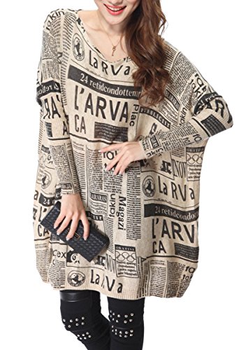 ELLAZHU Femme Pull Robe Tricot Lâche Imprimé Journal Taille Unique SZ25 Beige