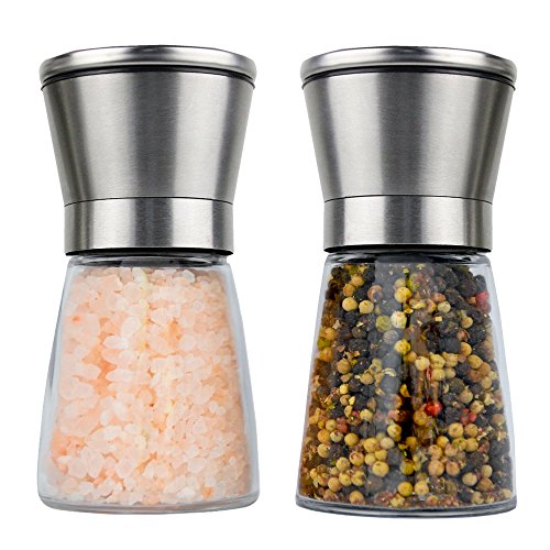 ALBARGO - Salzmühle - Pfeffermühle im 2er Set, manuelle Kräutermühle - Gewürzmühle mit Keramikmahlwerk verstellbar, für Gewürze Salz Pfefferkörner Meersalz Chili, Salz & Pfeffermühle Glas / Edelstahl