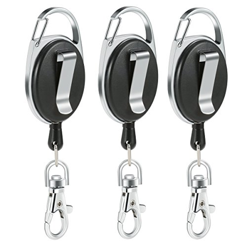 Ouinne 3 Pièces Portes-Clés Rétractable Badge Reel Clip Attache Ceinture Mousqueton Ressort, Noir