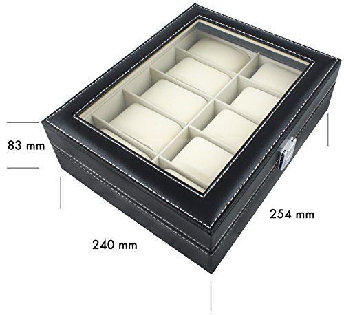 VENKON – Uhrenbox für 10 Uhren mit Schaufenster aus Glas für Aufbewahrung & Präsentation – Kunstleder Schwarz – 25,5 x 20,5 x 8 cm - 3