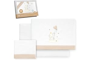 Interbaby - Juego Sabanas Cuna 60x120 Algodon 100% | Sabana Cuna Franela, Cálida, Suave | Incluye Sabana Bajera, Encimera y Funda de Almohada | Ideal para Invierno | Elefante Globo Corazón Blanco/Beig