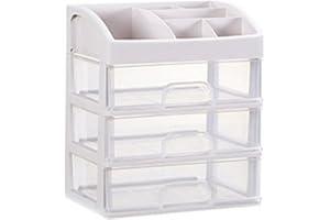 MOTUZP Organizzatore per Trucchi Organizzatore per Cosmetici Trasparente Portaoggetti da Scrivania in Plastica Trasparente a 3 Cassetti per Cancelleria per Ufficio Organizzatore per Trucchi Bagno Bianco