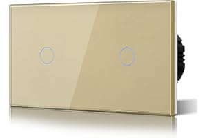 BSEED Podwójny dotykowy włącznik światła, 1-drożny, szklany włącznik światła, bez przewodu neutralnego, brak WiFi, hartowana płyta kryształowa z podświetleniem LED, osadzony złoty