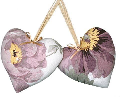 Pair Padded Heart Door Hangers Laura Ashley Peony Garden amethyst linen blend fabric