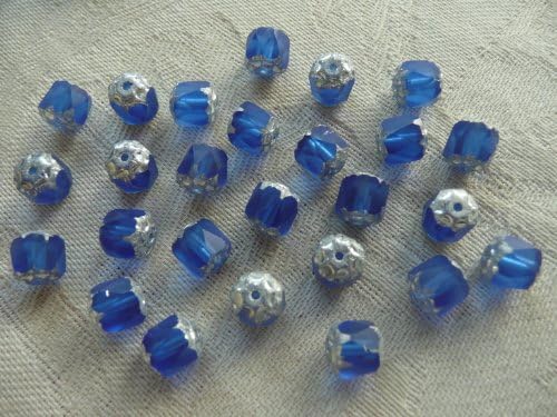 14 Matt Royal Blue/Silver 7mm Czech Glass Fire Polished Cathedral Beads