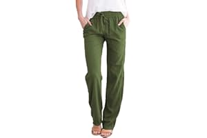 Yutdeng Pantalones Anchos Mujer Verano Pantalon Lino con Bolsillos Casual Pantalones Largos Algodón Cintura Alta Elástica con Cordón Vintage Pantalón de Verano Mujer Sueltos
