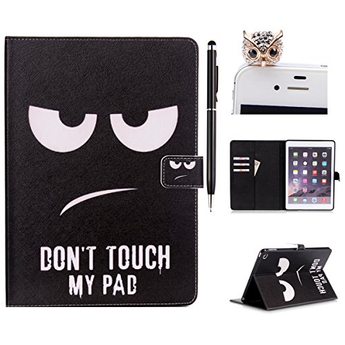 iPad mini 4 Handyhülle - Felfy Slim Full Body Don’t Touch my Pad Black Auge Muster PU Case Cover Etui Schutz Hülle Tasche für Apple iPad mini 4 + 1x Eule Anti Stöpsel + 1x Schwarz Stylus