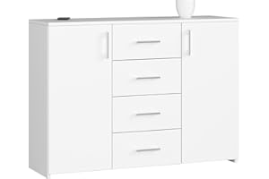 AKORD Cassettiera K45 con 4 cassetti e 2 ripiani con Ante | Mobiletti Ingresso Bagno | Armadio Cameretta | Comodino | B110 x H80 x P35 cm, peso 43 kg Bianco/Bianco