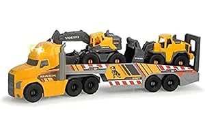 Dickie Toys Volvo Heavy Mack Truck, Large Truck with 2 Volvo Vehicles on Trailer, Excavator & Wheel Loader, Trailer for Decoupling, Light & Sound, Includes Batteries, 70 cm, Yellow, 203729012