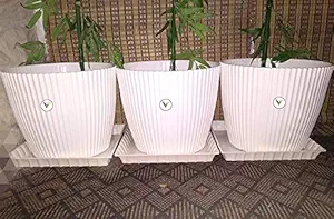 Vinshra Mega Plastic Pot with Tray Set, White, 11 inch, 3 Pieces