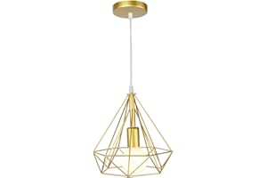 STOEX Lustre Suspension Cage en Fer forme Diamant 25CM, Lampe Suspendue Vintage E27 Eclairage pour Décor Salon Restaurant Chambre (Or)