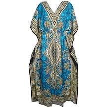 Mogul Interior Women Caftan Dress Blue Dashiki Print Viscose Kimono Kaftan One Size
