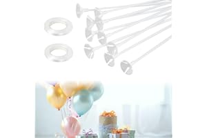 CAREDGO Ballonstangen Einzeln, 50 Stück Luftballon Stäbe 32cm Ballonständer mit 50er Halterbecher Wiederverwendbar Ballonhalter Weiß Plastikstäbe mit 2 Rollen Bänder Ballon Stick Ständer für Party