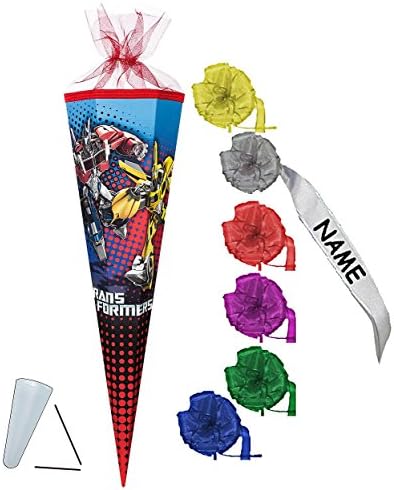 Schultüte - Transformers Prime 22 cm - incl. individueller SCHLEIFE - mit / ohne Kunststoff Spitze - Tüllabschluß - Zuckertüte Nestler - für Jungen Transformer Optimus Bumblebee Auto