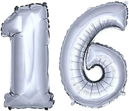 DekoRex foil balloons 30'' numbers for birthday party anniversary for air filling silver No 16