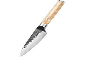 MITSUMOTO SAKARI 11 cm Couteau Cuisine Japonais, Acier Inoxydable à Haute Teneur en Carbone Couteau à Fruits, Couteaux de Cuisine Forgé à la Main (Manche en Bois de Pakka Boutique Boîte en bois)