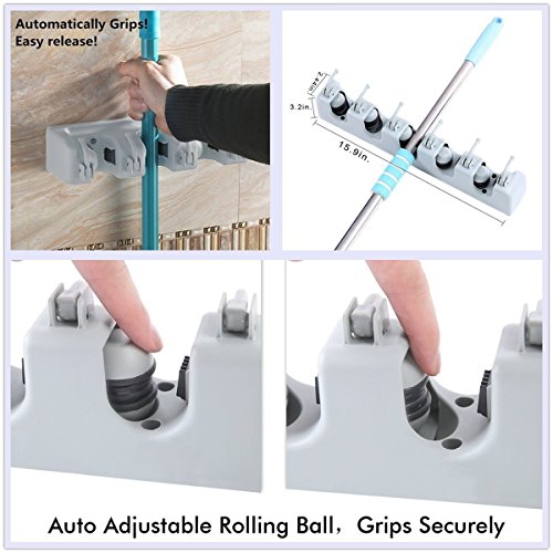 Gerätehalter Besenhalter Mopp Halter 5 Steckplätze und 6 Haken Wandhaltung Ordnungsleiste Werkzeughalter für Besen, Mopp und Gartenwerkzeuge - 5