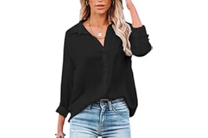 NONSAR - Blusa para mujer de manga larga y cuello de pico, con botones, elegante, informal, para el trabajo