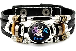 LODMLOER Luminoso Braccialetto In Pelle Con 12 Costellazioni - Dodici Segni Zodiacali Bracciale Punk Intrecciato Multistrato,Bilancia Scorpione Vergine Leone Pulsante Gemma Per Uomo E Donna