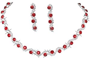 Wedity Wedding Crystal Necklace Earrings Set Bride Choker Necklaces Wedding Jewelry for Women and Girls (Red)