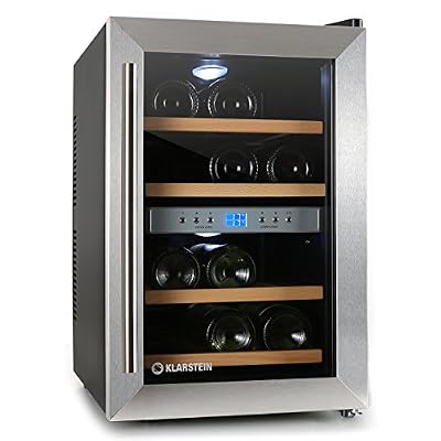 Klarstein Cave à vin design réfrigérée avec écran LED (34 litres, 12 bouteilles, 7-18°, 42dB, classe énergétique B) - inox et verre