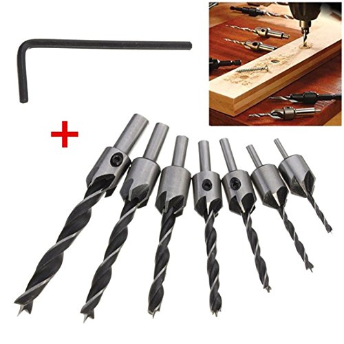 Mohoo 7Pcs HSS Flute Countersink Drill Bit Set Reamer Woodworking Chamfer Twist Shank Auger Drilling Drill Bit Tool for Wood Metal Aluminum Drilling Usage 3mm-10mm