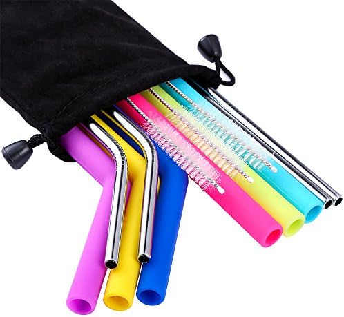 Pllieay 14 Pieces Straws Set Reusable Drinking Straws Set Including 6 Pieces Silicone Straws, 4 Pieces Stainless Straws, 3 Pieces Brushes and 1 Piece Storage Pouch