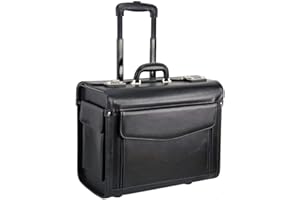 DERMATA Large Real Cowhide Genuine Leather Deluxe Sleek Wheeled Laptop Pilot Case Briefcase Roller Bag on Wheels with Unique 5 Gusset Large Front Pocket for extensive Paperwork