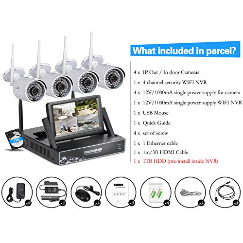 Swinway CCTV Camera Systems, Wireless Security Camera System with Hard Drive 1TB+ Monitor, Home Security Camera Systems HD 4 Home Surveillance Camera Outdoor 720p Wireless Wifi NVR Kit 4Channel
