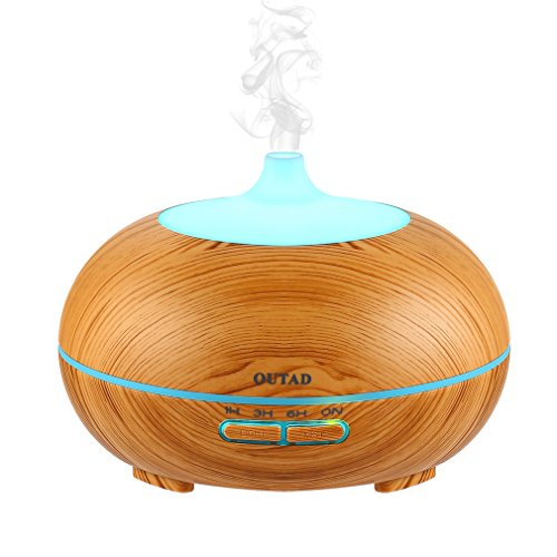 Aroma Diffuser OUTAD 300ml Wohltuend Holzmaserung Luftbefeuchter mit 7 Wechselfarben, Einstellbarer Nebelausstoß, Automatische Abschaltung und Niedrigwasserschutz, Aroma humidifier Duftzerstäuber Diffusor ätherisches Öl Diffusor Duftlampe EU für Aromatherapie, Yoga, Salon, Spa, Wohn, Schlaf, Bade oder Kinderzimmer Hotel etc