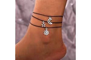 Anglacesmade Bohemian Leather Anklet Sun Star Moon Foot Chain 3 Pcs Beach Wedding Jewelry Boho Ankle Bracelet for Women and Girls