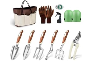 ABRFC Garden Tools Set, ABRFC 11 PCS Aluminum Alloy Steel Hand Tool Gift Kit with Garden Bag, Heavy Duty Gardening Tools, Gardening Gifts for Women & Men (Brown)