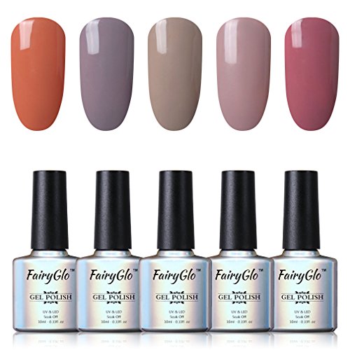 FairyGlo Gel-Nagellack-Set, UV-LED-Soak-Off-Maniküre, Nagellack-Geschenk-Set, dezente Farbtöne (neue "Nude"-Serie), 5 Farben, 10 ml