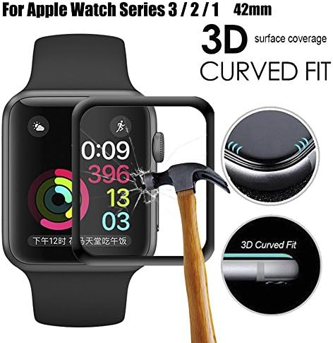 For Apple Watch Screen Protector,Full Screen Coverage Tempered Glass Bumper Case with 3D Curved Edge &amp; High Defintion for iwatch 42mm Series 3/2/1 (For Apple Watch 42mm)