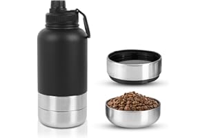 ZINUEEN Gourde pour chien - Pour les déplacements - 950 ml - 4 en 1 - Avec gamelle d'eau et gamelle - Bouteille d'eau isolée en acier inoxydable - Sans BPA - Accessoire pour chien - Pour voyage, randonnée