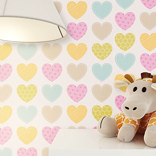 Kindertapete kleine Herze Bunt in sanften Farben , süße Tapete für Babyzimmer oder Kinderzimmer , inklusive Newroom Tapezier Hilfe , Mädchen Jungen Jungs Baby