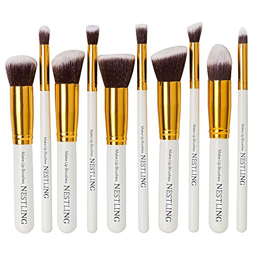 Nestling®10PCS Professional Premium Foundation Blending Blush Eyebrow Cosmetics Brushes Makeup Set, Golden White