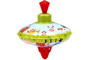 ISAKEN Trottola da 14 cm, in metallo, trottola in lamiera, classica trottola con punta, trottola in metallo con motivo fattoria, trottola giocattolo per bambini