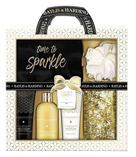 Baylis and Harding Gift Set Time To Sparkle Large Set with Vitamin ABC and Sweet Mandarin Shower Gel, Body Cream and Bath Soak, Gold Cosmetic Bag, Party Bag and Shower Puff