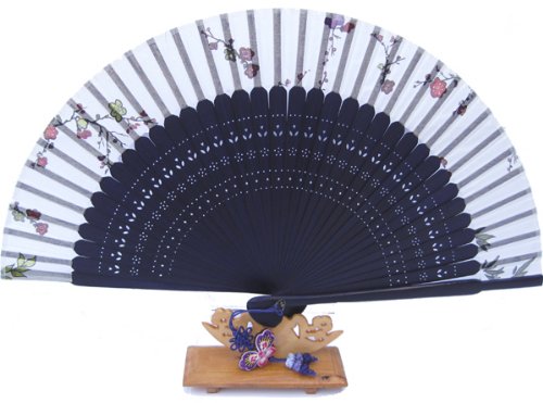 Hand held fan with silk fan case and butterfly tassel, dark purple bamboo, white silk. Handmade gift