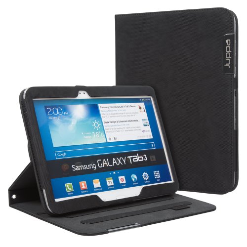 Juppa® Executive Suede Design Finish Hülle Tasche mit Premium Interieur Leder umfasst Ständer Feature, Kartenhalter, Displayschutzfolie, Tragegurt und Eingabestift Kugelschreiber für Samsung Tab 3 10.1 Inch GT P5200 P5210 Tablet (Schwarz / Black)